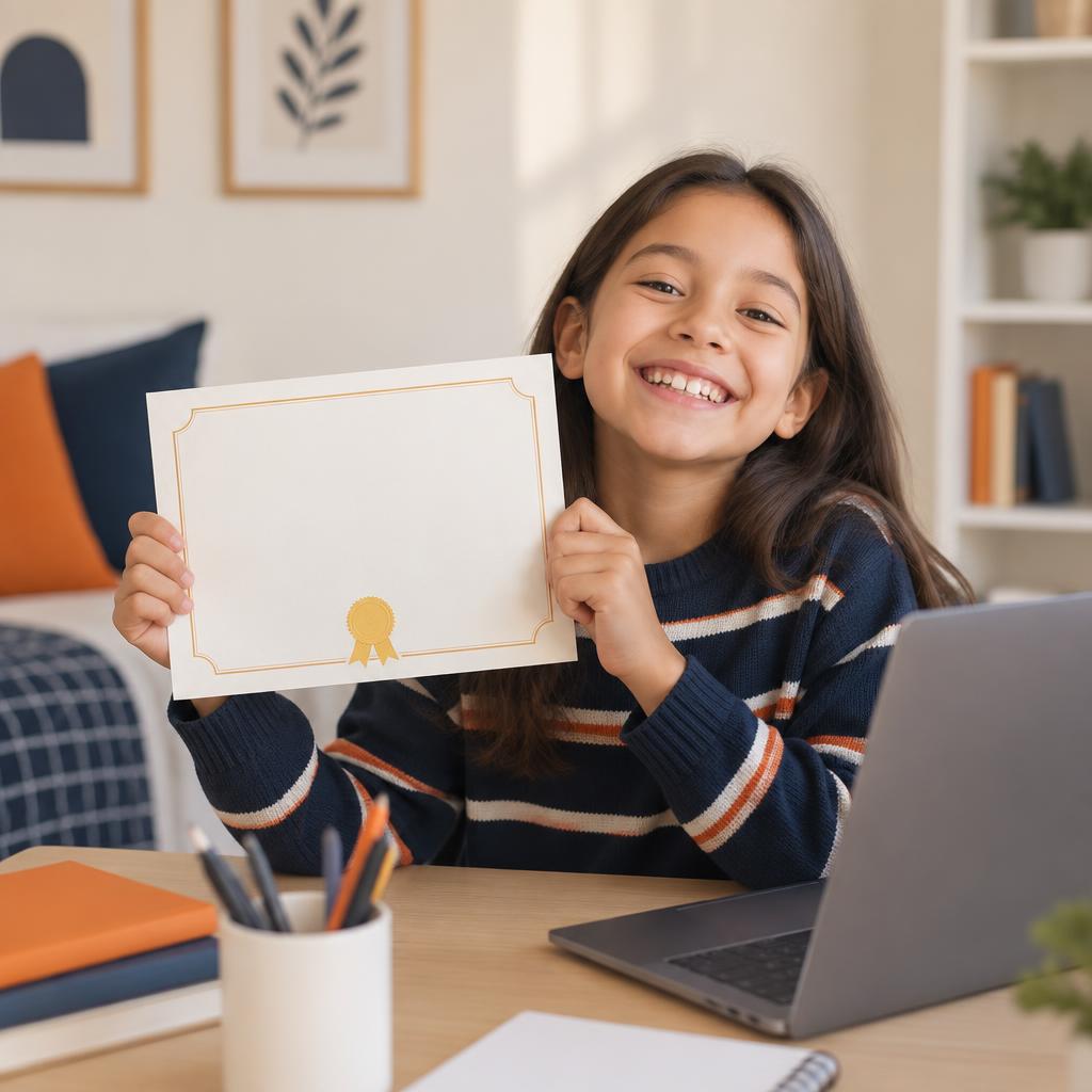 A child proudly holding a Swaadhi achievement certificate