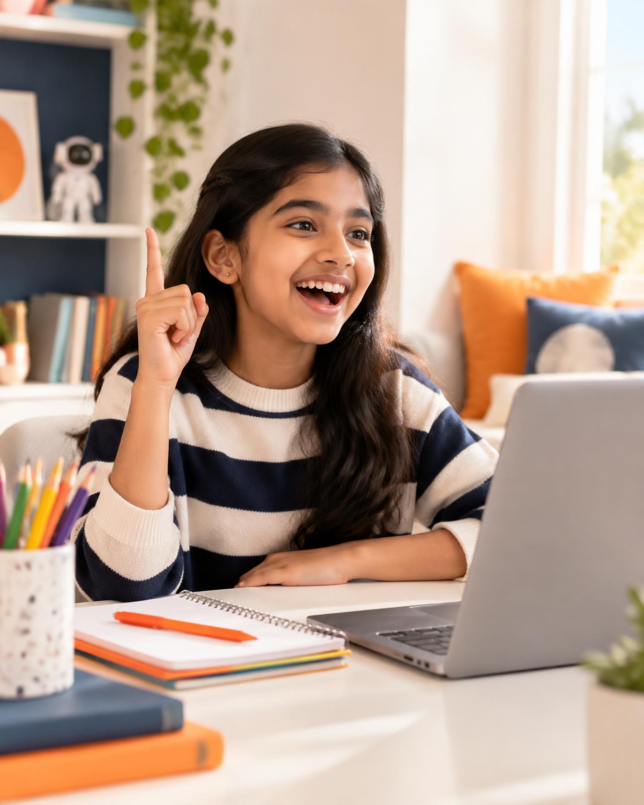 A child smiling while solving a maths problem in a live Swaadhi class