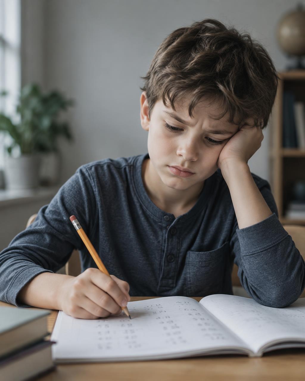 A child looking discouraged over a page of maths problems