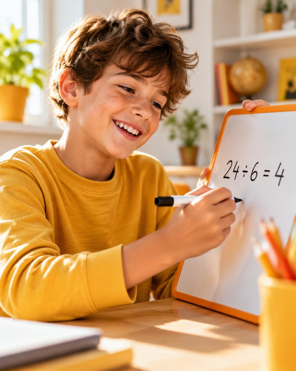 A child celebrating after solving a maths problem