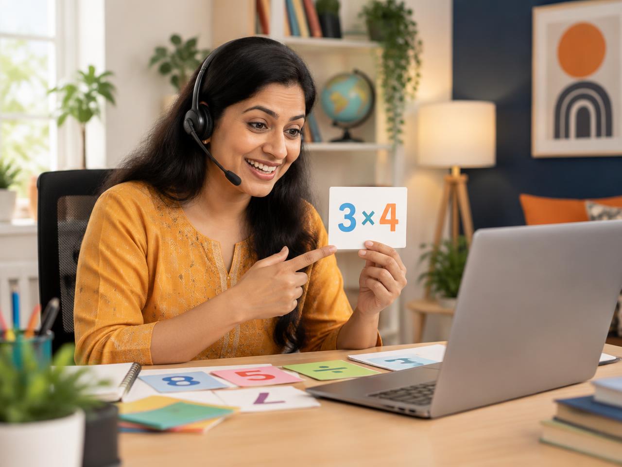 A Swaadhi teacher guiding a child through a live online maths class